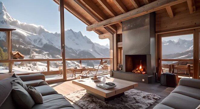 Contemporary chalet with mountain views stylish interior and cozy fireplace . Concept Chalet Architecture, Mountain Views, Stylish Interior, Cozy Fireplace
