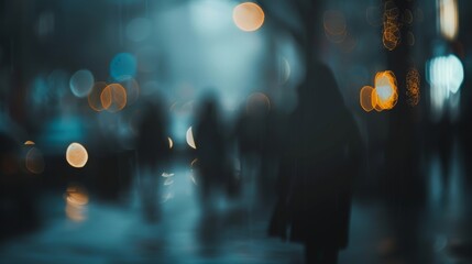 city blurry lights, defocused people, urban buildings, copy and text space, 16:9