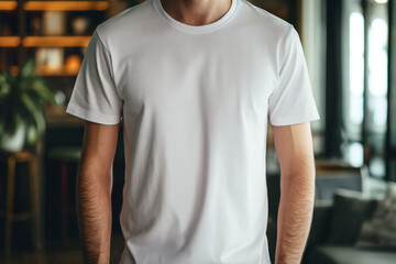 Close-up of a white t-shirt on a male model