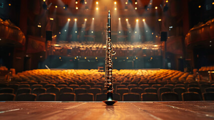 Oboe on Stage An oboe positioned on a concert stage surrounded by empty seats and bathed in stage...