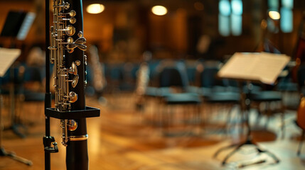 Bass Clarinet in Rehearsal Room A bass clarinet standing on a music stand in a rehearsal room with...