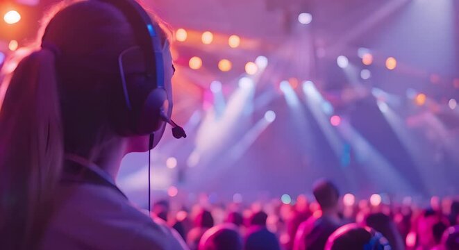 Event Manager at Live Concert: Young Female with Headset and Colorful Spotlights. Concept Live Concert, Event Manager, Young Female, Headset, Colorful Spotlights