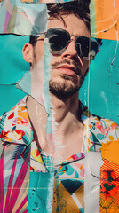 Fashionable man in sunglasses collage portrait