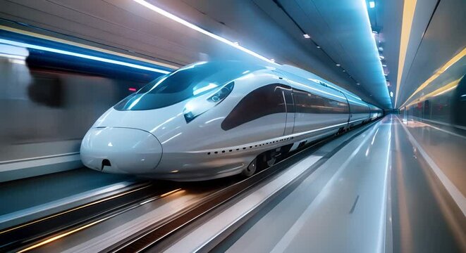 Futuristic high-speed train inside a sleek tunnel using magnetic levitation propulsion. Concept Future Transportation, High-Speed Trains, Magnetic Levitation, Modern Engineering