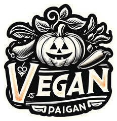 colorful illustration of various vegetables and fruits arranged around the word “VEGAN” 