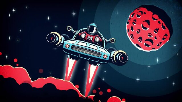Astronaut pilot of personal spaceship. Mars exploration retro cartoon. Vintage space animation in comics style