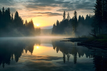 A calm reflective lake  at dawn surrounded  Generative Ai