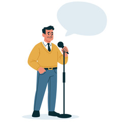 Flat vector illustration. a man in age stands and says something into a microphone, a speaker, speech bubble with space for your text . Vector illustration