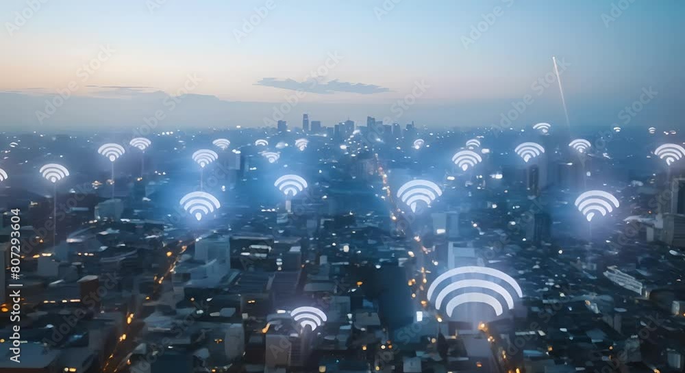 Poster mapping the interconnectivity and wifi coverage of a smart city from above. concept smart city inter