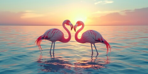 Naklejka premium Ethereal Serenity: Two Flamingos in Pink Harmony