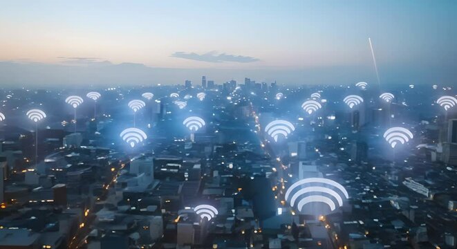 Mapping the interconnectivity and wifi coverage of a smart city from above. Concept Smart City Interconnectivity, WiFi Coverage Mapping, Aerial Surveillance, Urban Infrastructure Networking