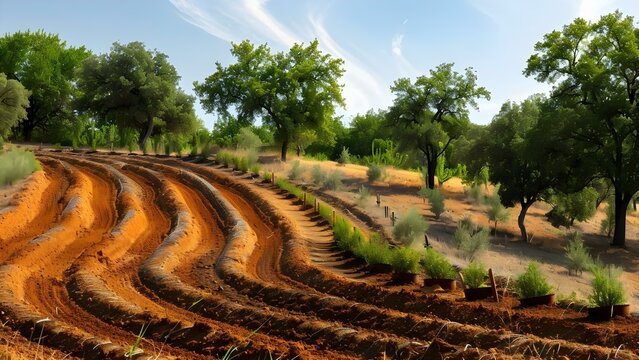 Farmer plants trees in curved rows to prevent erosion and retain water. Concept Agriculture, Conservation, Sustainable Farming, Erosion Prevention, Water Retention