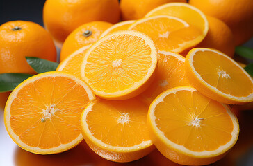 A close-up view of a pile of oranges cut into round slices resting on top of a table