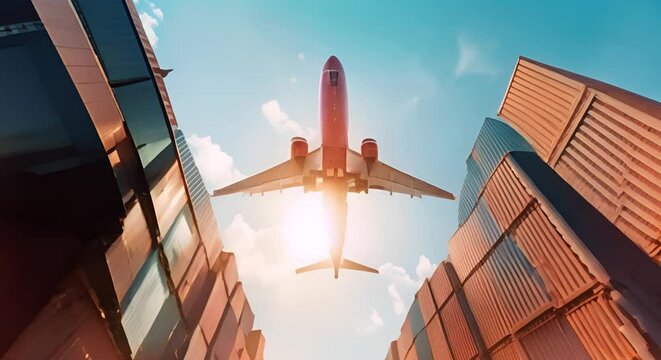 Cargo plane flying with containers transporting goods worldwide to meet global demands. Concept Logistics, Global Trade, Air Freight, Cargo Transportation, Supply Chain