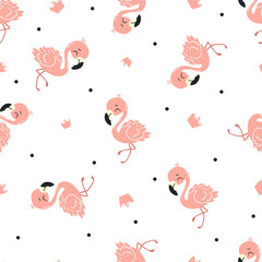 Seamless vector pattern in a cute childish style. Cute pink flamingo and crowns. Vector illustration
