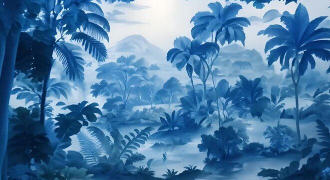 Blue and white tropical jungle toile print wallpaper with handdrawn landscape. Concept Tropical Jungle, Toile Print, Blue and White, Handdrawn Landscape, Wallpaper