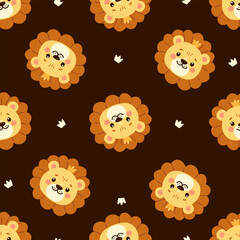 Cute lion faces and a crown. Vector Pattern on dark background for printing on children's products. Vector illustration