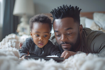 african american father and son using digital tablet on bed at home