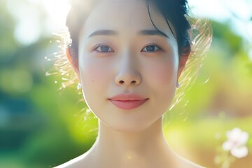 Radiant Japanese Beauty: Skincare Model in Sunlight