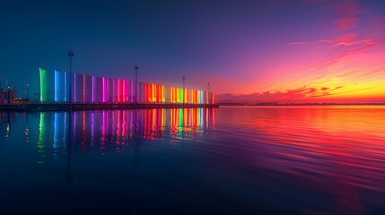 A detailed HD image of a waterfront lined with sequential Pride banners representing each color of the rainbow, reflected in the calm waters at sunset