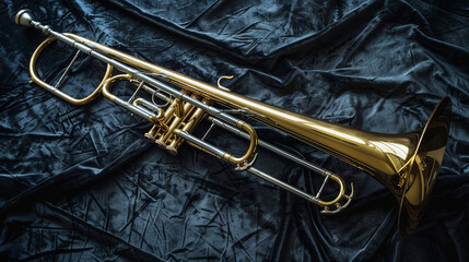 Dynamic Trombone A dynamic trombone laid out on a black velvet backdrop, with its elongated slide...
