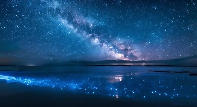 Bioluminescent bay water sparkles beneath Milky Ways night sky beauty . Concept Astrophotography, Bioluminescence, Night Photography, Nature Photography, Sparkling Water