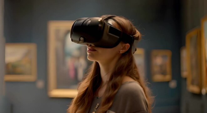 Woman in VR headset exploring virtual museum with art gallery paintings . Concept Woman, VR headset, Virtual museum, Art gallery, Paintings
