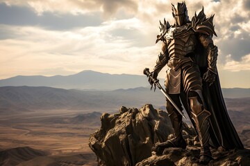 Medieval warrior in the middle of the desert. 3d rendering