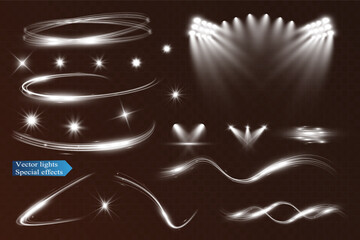 Light wave shine spotlight effect,vector glow line sparkle shine. Silver wavy effects.
