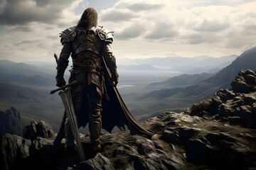 Medieval knight on the top of the mountain. 3d render