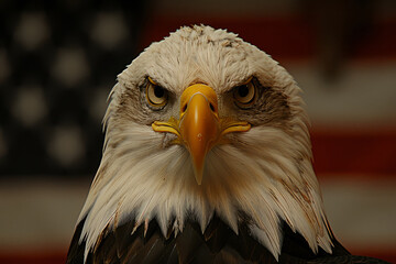 Naklejka premium American Bald Eagle: Photograph a majestic bald eagle perched near a flag