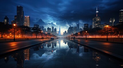 Obraz premium Urban Evening: People Strolling by Reflective Cityscape with Glowing Skyscrapers