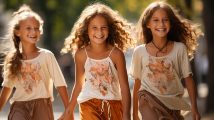 Joyful Young Girls Holding Hands and Dancing Outdoors in Sunlight - Powered by Adobe