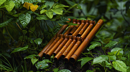 Ethereal Pan Flute An ethereal pan flute nestled among verdant foliage, with its slender pipes and...
