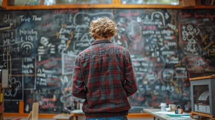 High School Student Solving Complex Math Problems on a Blackboard