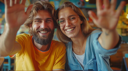 Happy Young Couple Waving in a Colorful Cafe Setting, Smiling Joyfully - Powered by Adobe