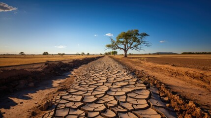 Fototapeta premium Stark Contrast of Green Tree on Arid Cracked Earth Under Blue Sky