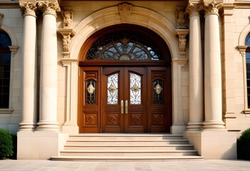 Obraz premium A grand, classical-style entrance with a set of double wooden doors surrounded by ornate columns and a stone staircase leading up to the entrance