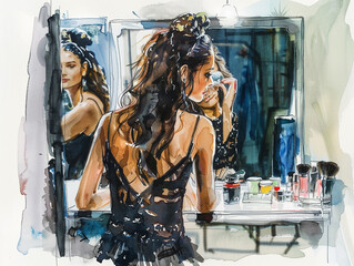 Intimate behind-the-scenes moment at a fashion shoot, a model in high fashion gear preparing for her next glamorous shotwatercolor illustrations