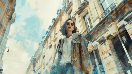 Lifestyle fashion shoot on the streets of a chic European city, a stylish figure in trendy outfits blending with historical architecturewatercolor illustrations