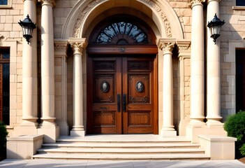 Fototapeta premium A grand, classical-style entrance with a set of double wooden doors surrounded by ornate columns and a stone staircase leading up to the entrance