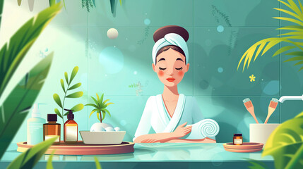 Skincare routines at a serene home spa setting, a person applying natural products, focusing on hydration and skin health3D vector illustrations