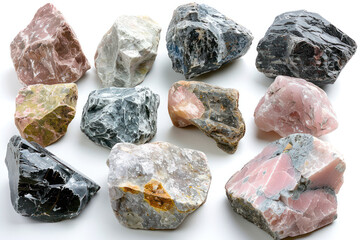 Various rocks of different colors are arranged on a white surface