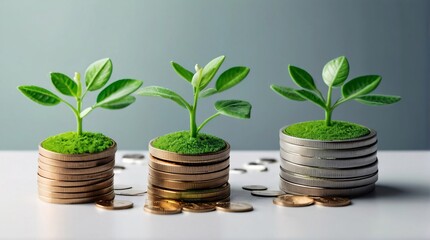 Plant growing from coins. Seedlings are growing on the Coins stack with cubes, business growth, profit, and success development to achieve the target.