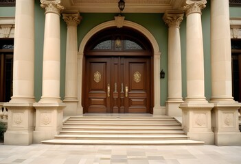 Obraz premium A grand, classical-style entrance with a set of double wooden doors surrounded by ornate columns and a stone staircase leading up to the entrance