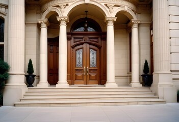 Obraz premium A grand, classical-style entrance with a set of double wooden doors surrounded by ornate columns and a stone staircase leading up to the entrance