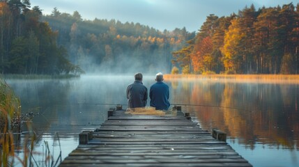 Two Male Friends Enjoying a Peaceful Fishing Trip at a Misty Lake - Powered by Adobe
