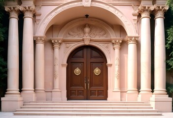 Fototapeta premium A grand, classical-style entrance with a set of double wooden doors surrounded by ornate columns and a stone staircase leading up to the entrance