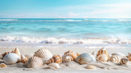 Fototapeta na wymiar Seashells on Seashore: Coastal Beauty. blurred background.