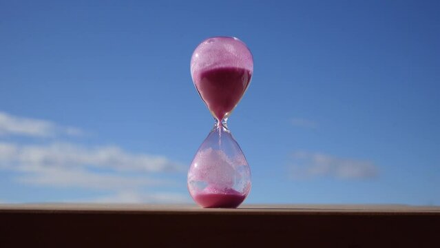 Timelapse with accelerated speed of a pink hourglass with blue sky background symbolizing the passage of time
